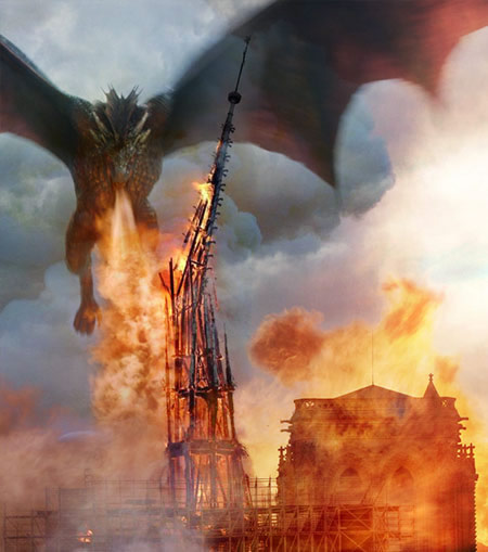 Dragon qui lance des flammes sur Notre-Dame