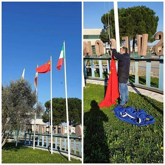 Drapeau de l'UE remplacé par le drapeau chinois en Italie