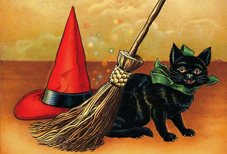 Panoplie de sorcière : chat noir, chapeau, balai